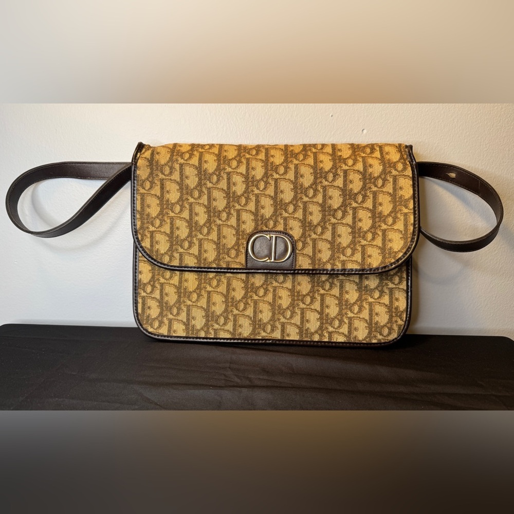 Vintage Christian Dior Canvas Monogram Convertible Clutch/Shoulder/Hand Bag COA
